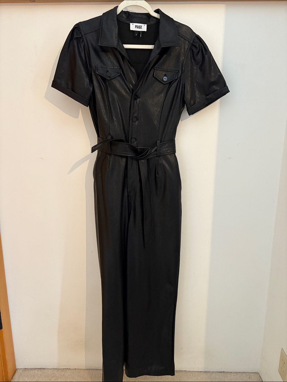 PAIGE Black Faux-Leather Jumpsuit with Tie Waist